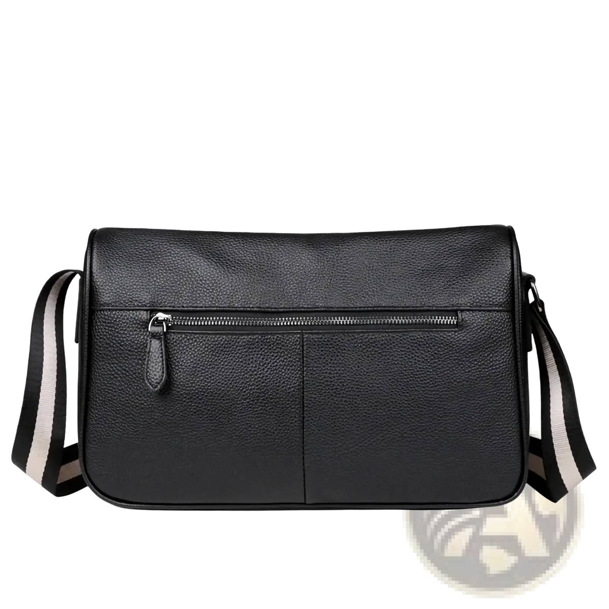Black textured leather men leather crossbody bag with striped shoulder strap casual messenger bag