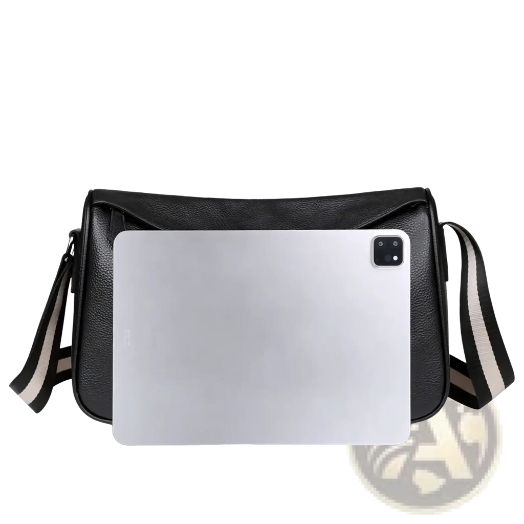 Men leather crossbody bag in black textured leather with striped shoulder strap for casual use