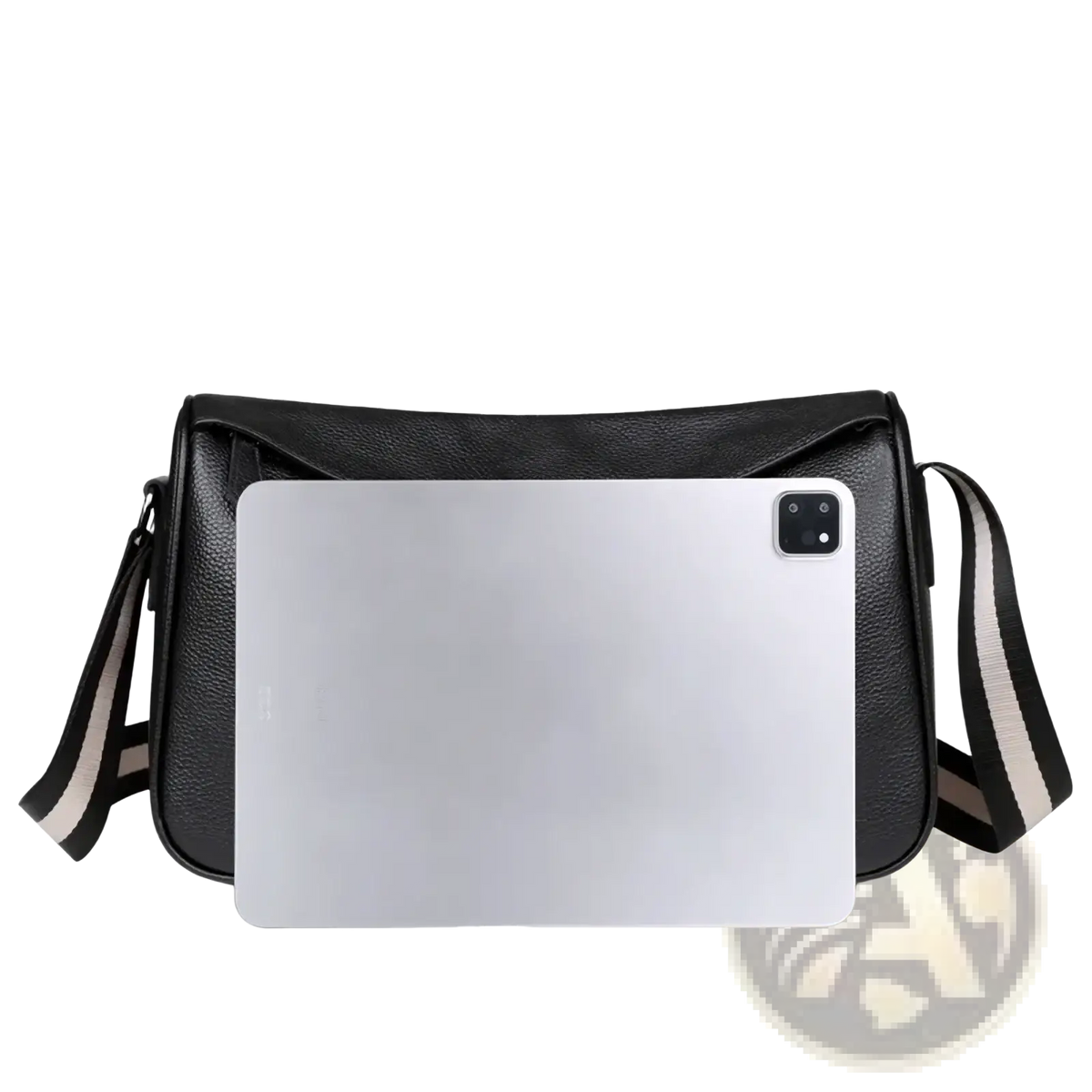 Men leather crossbody bag in black textured leather with striped shoulder strap for casual use