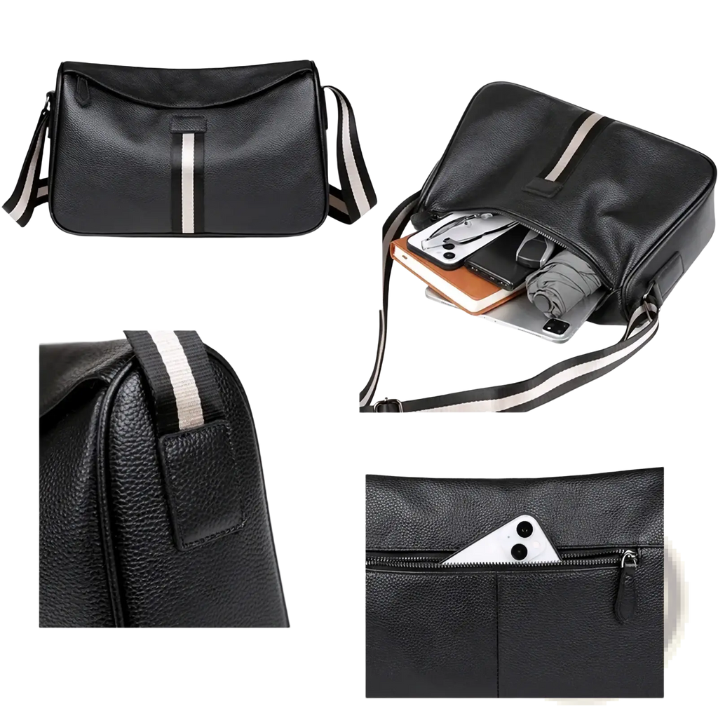 Men leather crossbody bag in black textured leather with white stripe accent for casual use
