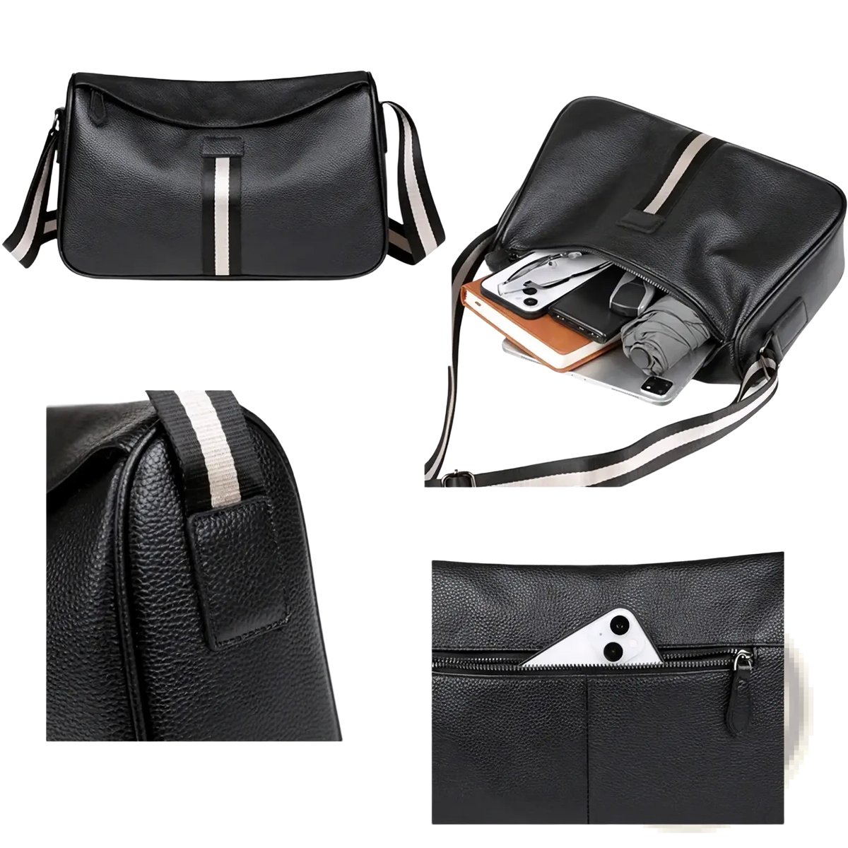 Men leather crossbody bag in black textured leather with white stripe accent for casual use