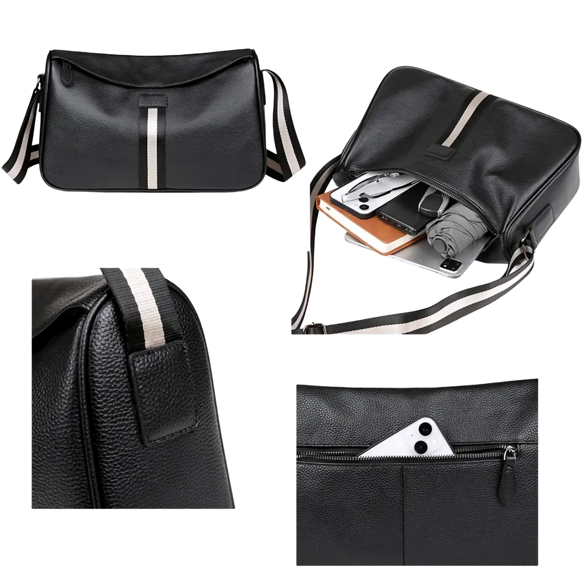 Men leather crossbody bag in black textured leather with white stripe accent for casual use