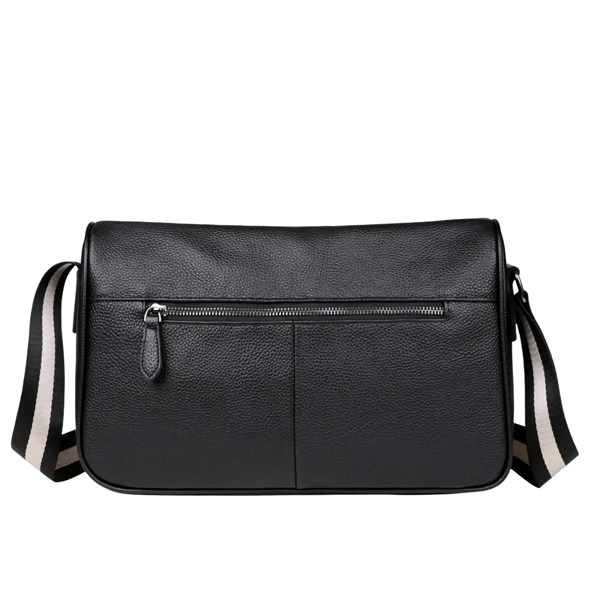 Black textured leather men leather crossbody bag with striped shoulder strap casual messenger bag