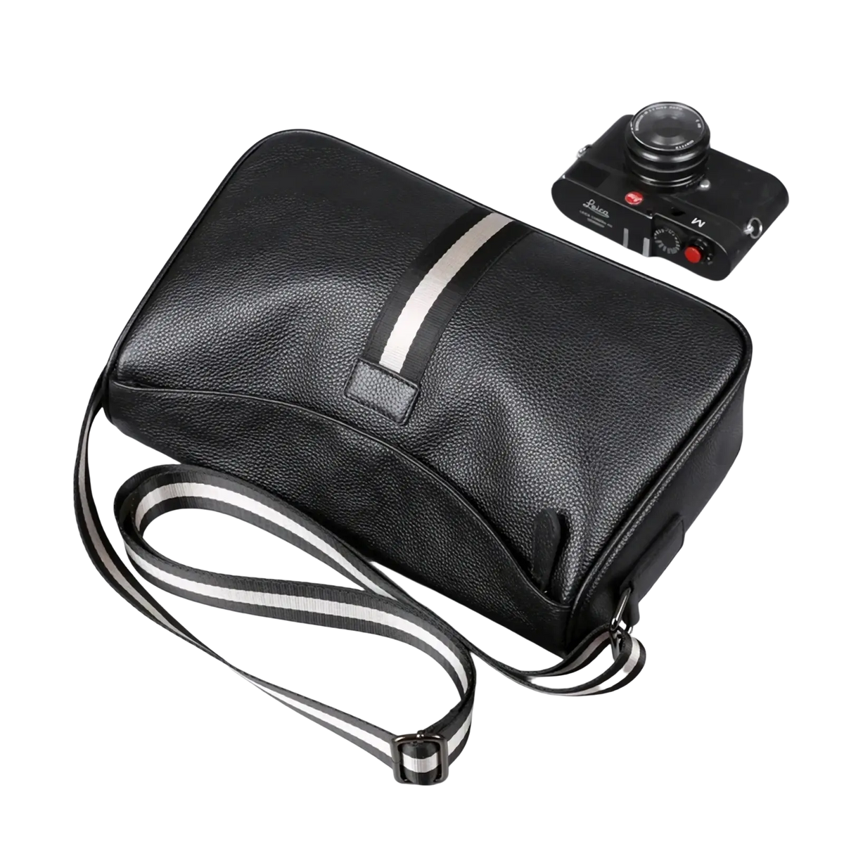 Men leather crossbody bag in black textured leather with a white and gray striped casual messenger strap