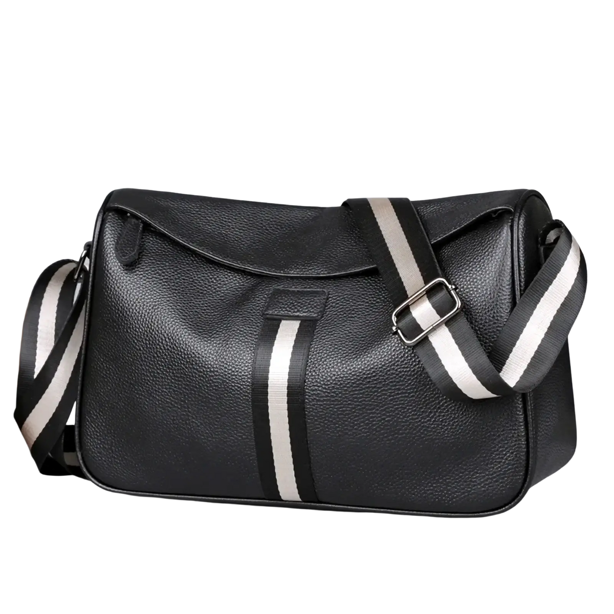 Men leather crossbody bag in black textured leather with a bold black and white striped casual messenger strap