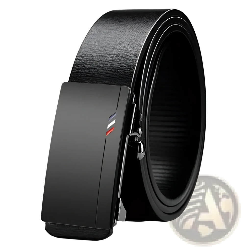 Men leather designer belt in black with a sleek matte-finish automatic buckle and subtle red and blue stripe accents