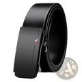 Men leather designer belt in black with a sleek matte-finish automatic buckle and subtle red and blue stripe accents