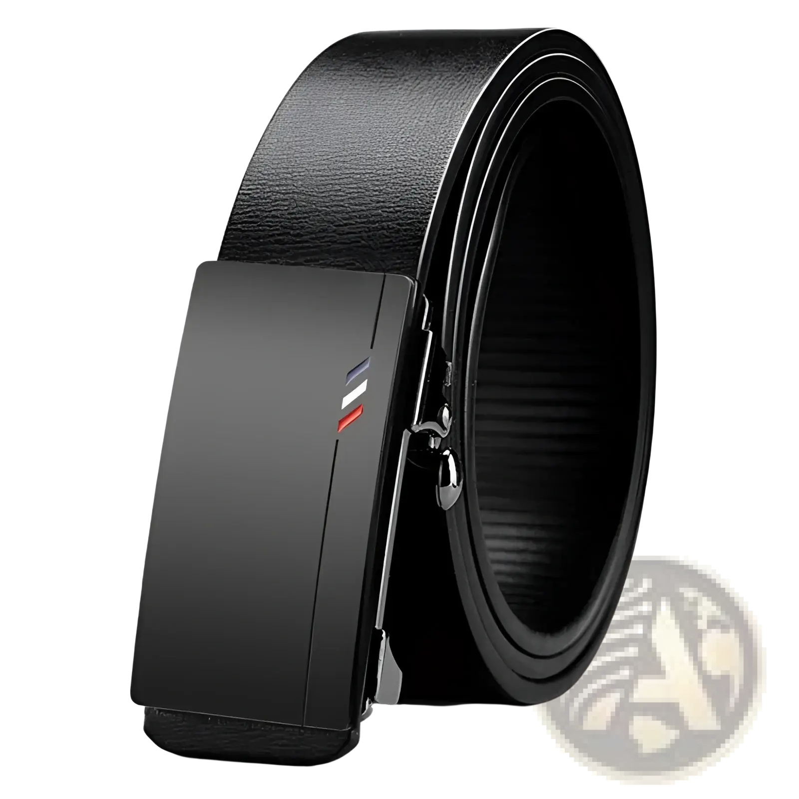 Men leather designer belt in black with a sleek matte-finish automatic buckle and subtle red and blue stripe accents