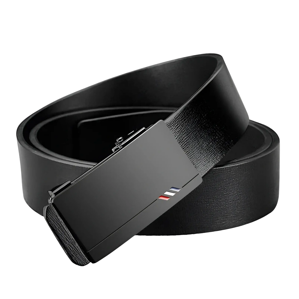 Men leather designer belt in black with a sleek matte metal buckle featuring subtle red white and blue stripe detail