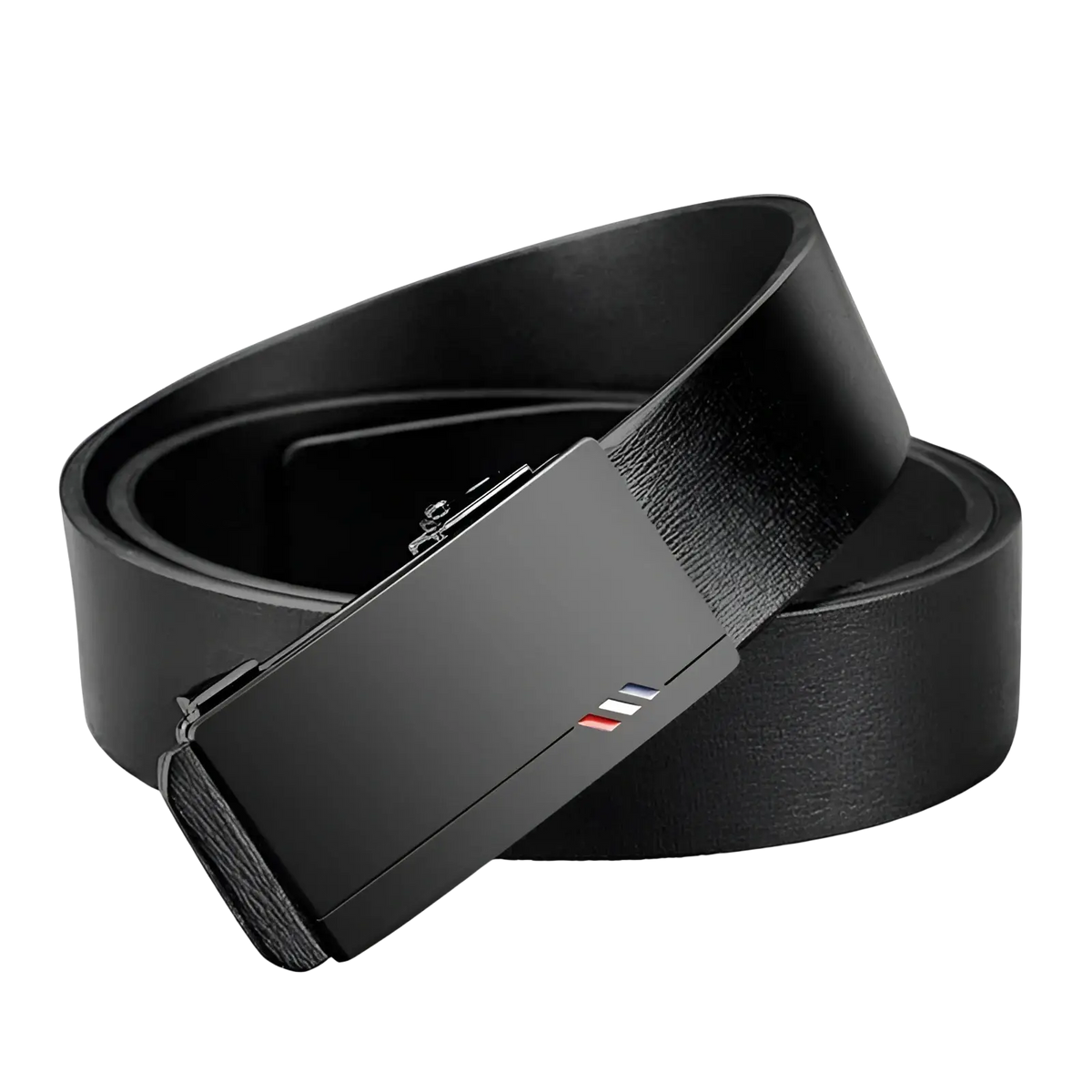 Men leather designer belt in black with a sleek matte metal buckle featuring subtle red white and blue stripe detail