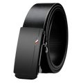 Men leather designer belt in black with a sleek matte-finish automatic buckle and subtle red and blue stripe accents