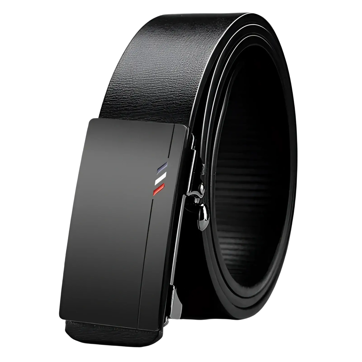 Men leather designer belt in black with a sleek matte-finish automatic buckle and subtle red and blue stripe accents