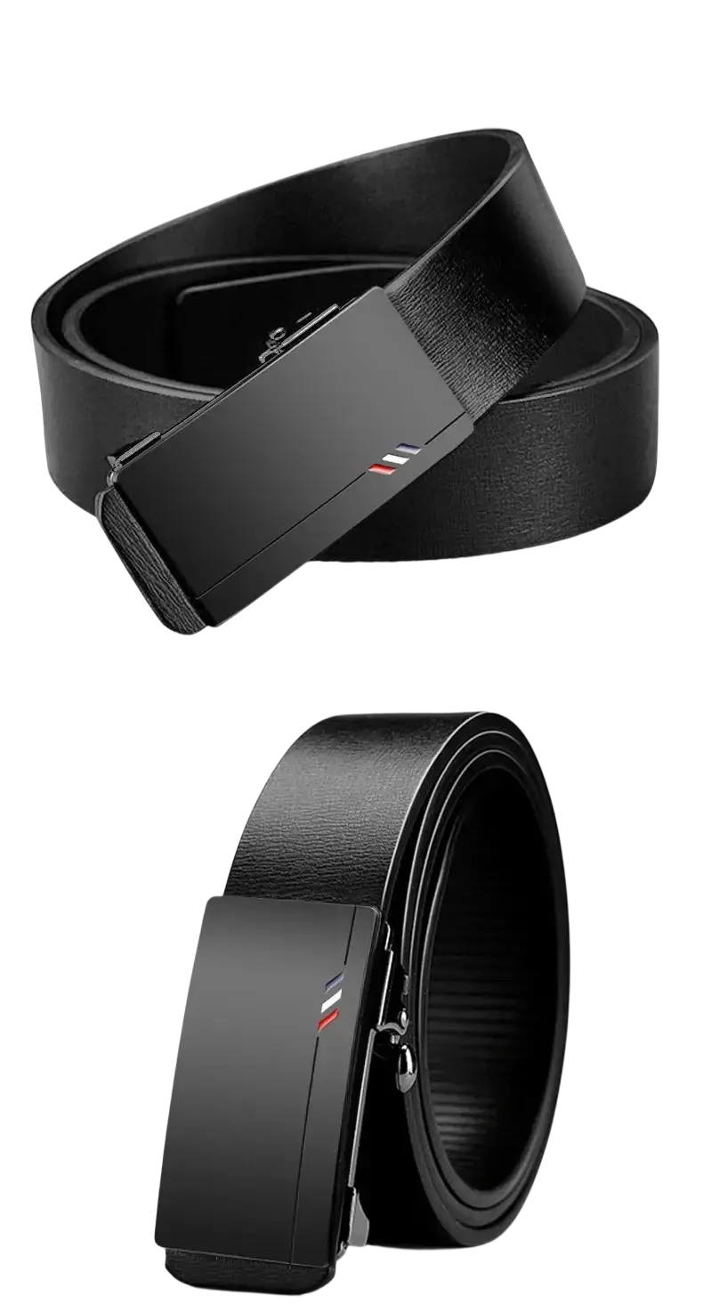 Men leather designer belt in black with a sleek rectangular buckle featuring subtle red and white stripes on the side