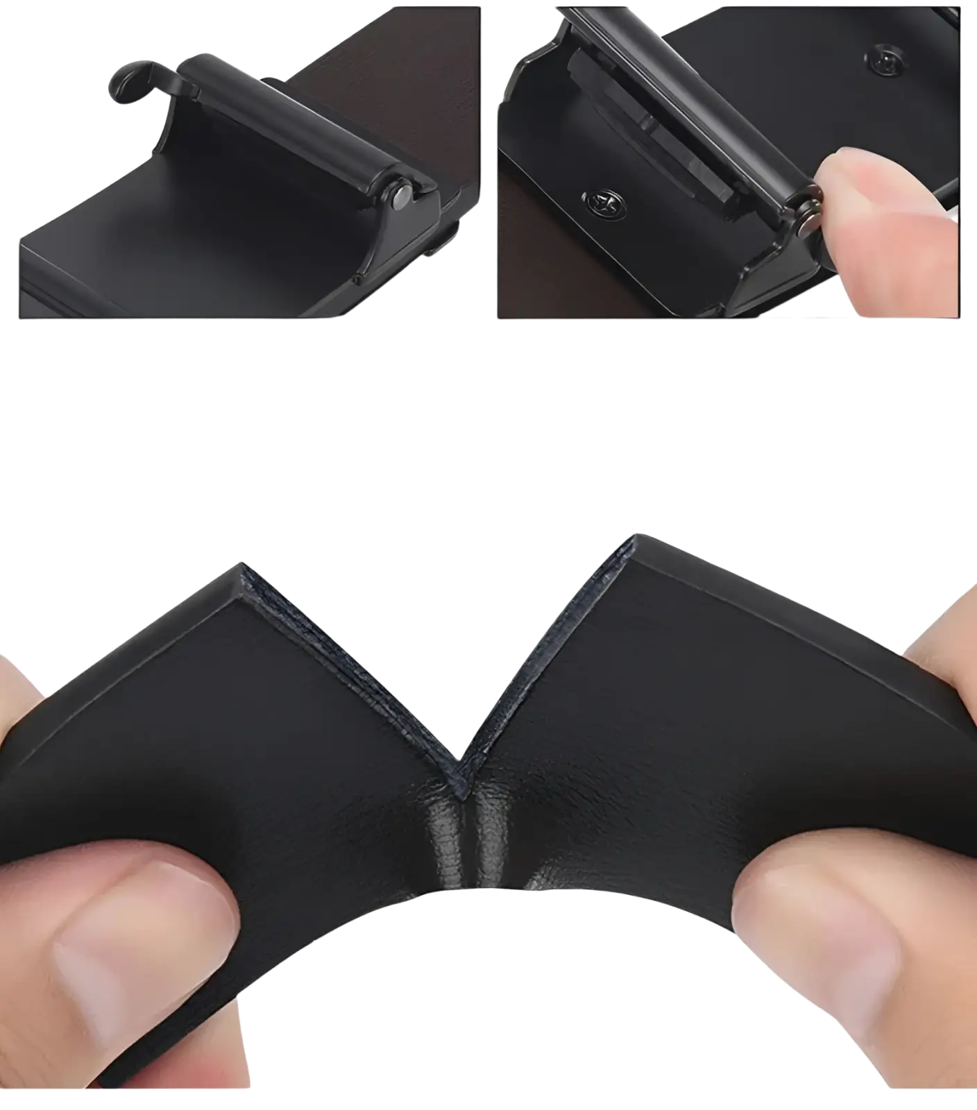 Portefeuille en cuir noir au design minimaliste et épuré, avec fermeture pression sécurisée, assorti à une ceinture en cuir pour homme, modèle designer, à boucle à rayures.