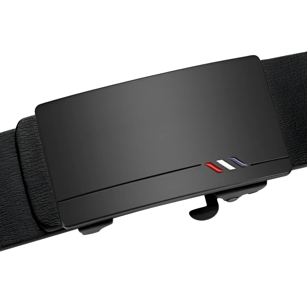 Men leather designer belt in black with a sleek matte metal buckle featuring red white and blue striped accents