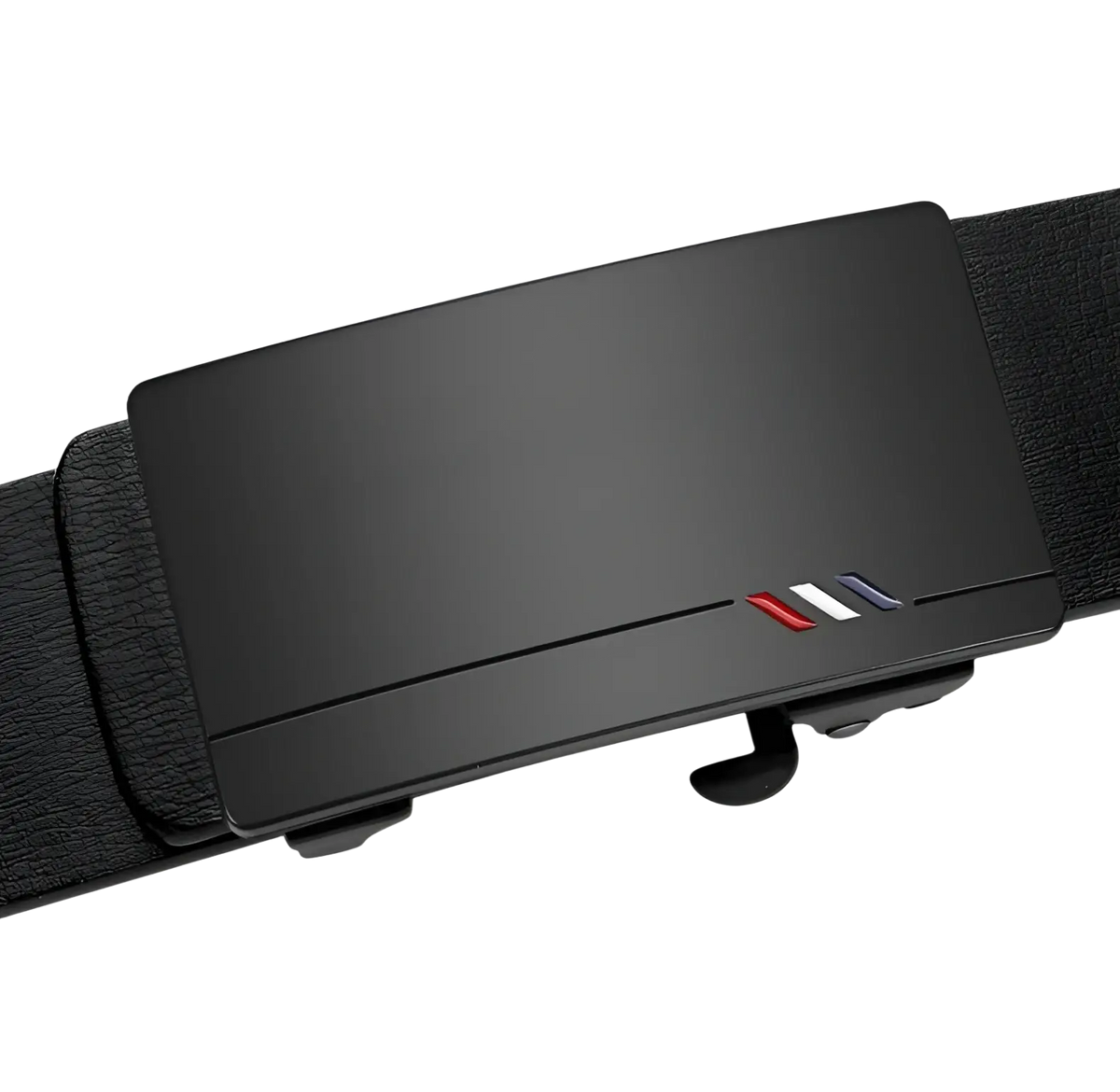 Men leather designer belt in black with a sleek matte metal buckle featuring red white and blue striped accents