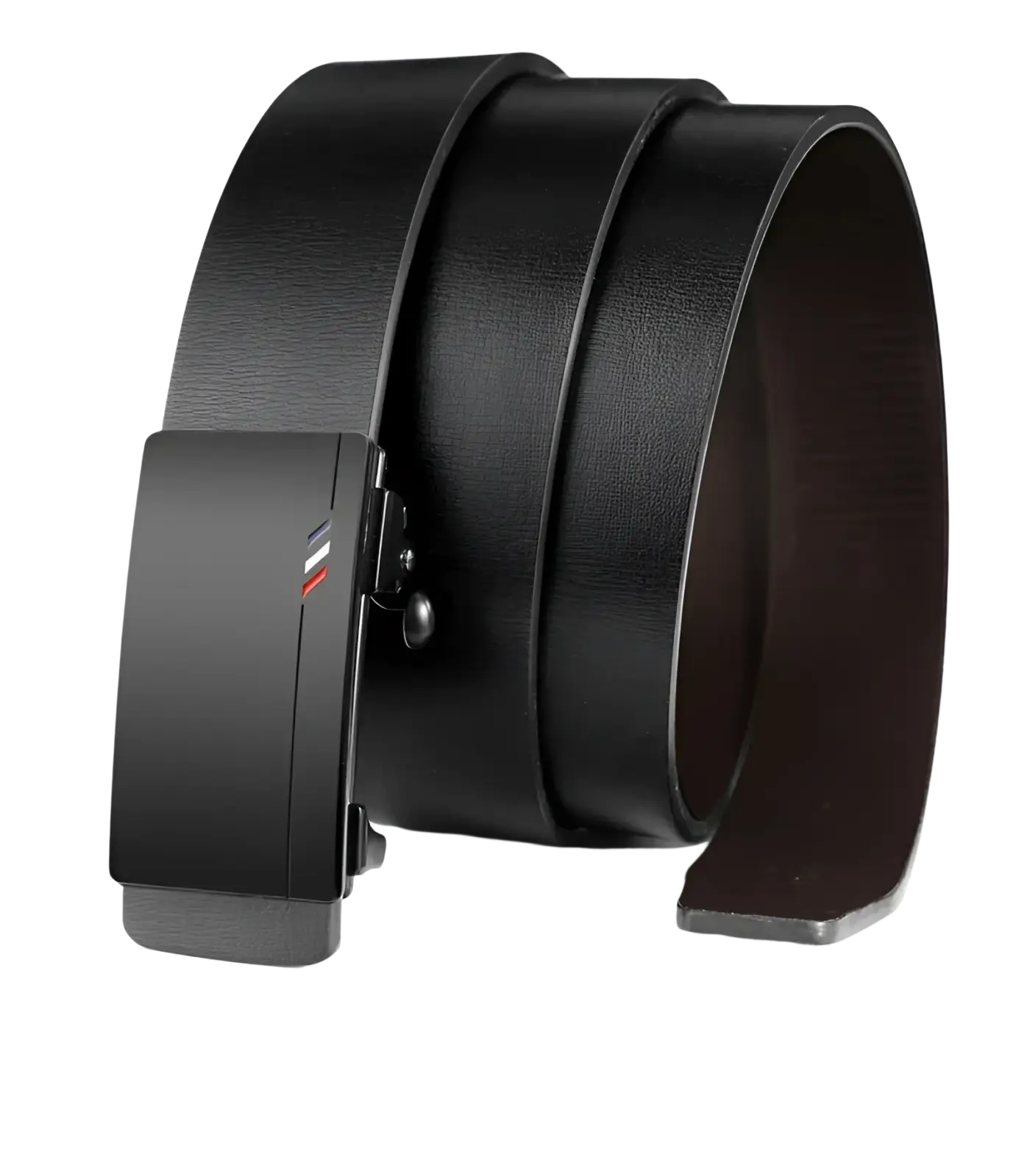 Ceinture en cuir designer noire pour homme, dotée d’une boucle moderne et élégante, avec des rayures discrètes rouge et blanche sur le côté.