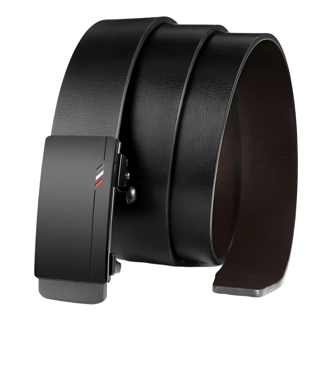 Men leather designer belt in black featuring a sleek automatic black buckle with subtle red white and blue stripe detail