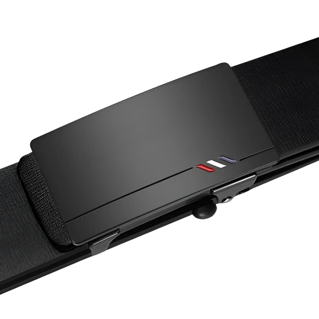 Men leather designer belt in black with a matte finish metal buckle featuring red and blue stripe accents
