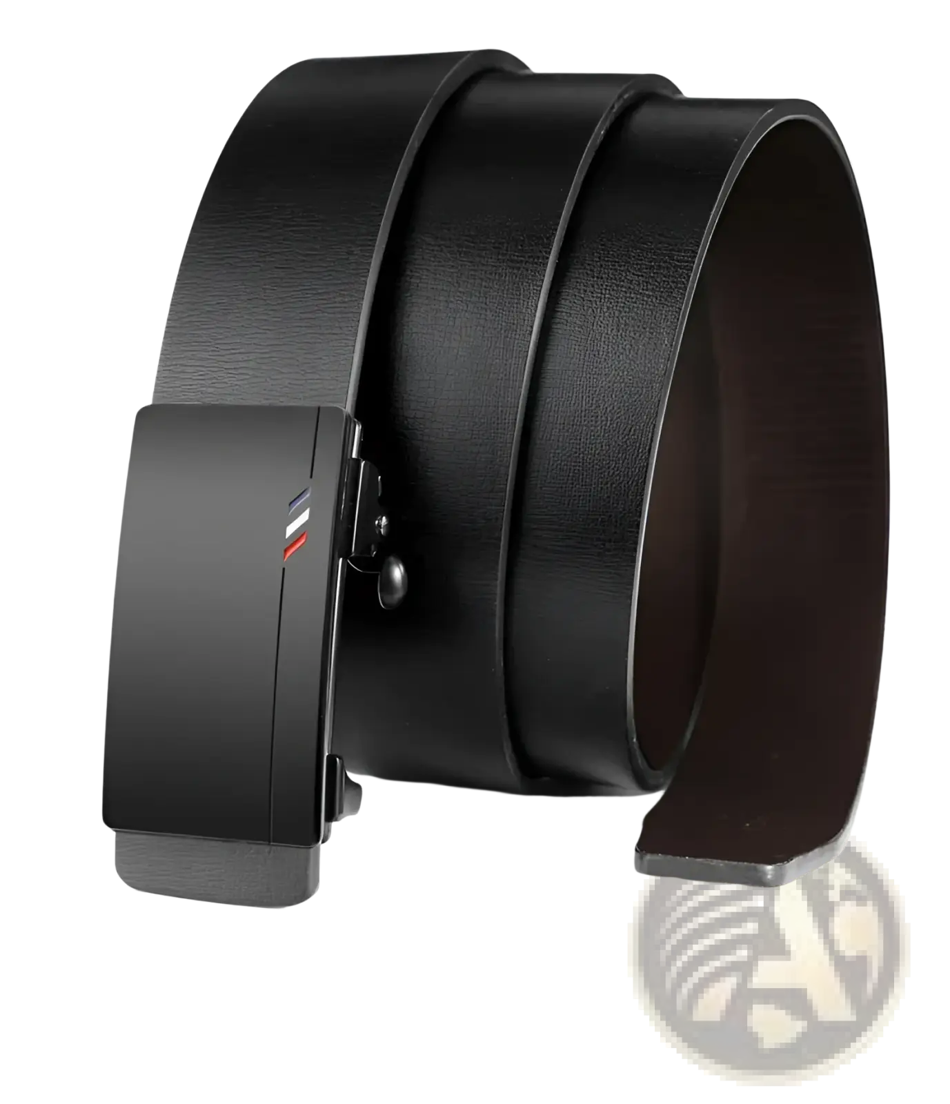 Ceinture en cuir designer noire pour homme, dotée d’une boucle moderne et élégante, avec des rayures discrètes rouge et blanche sur le côté.