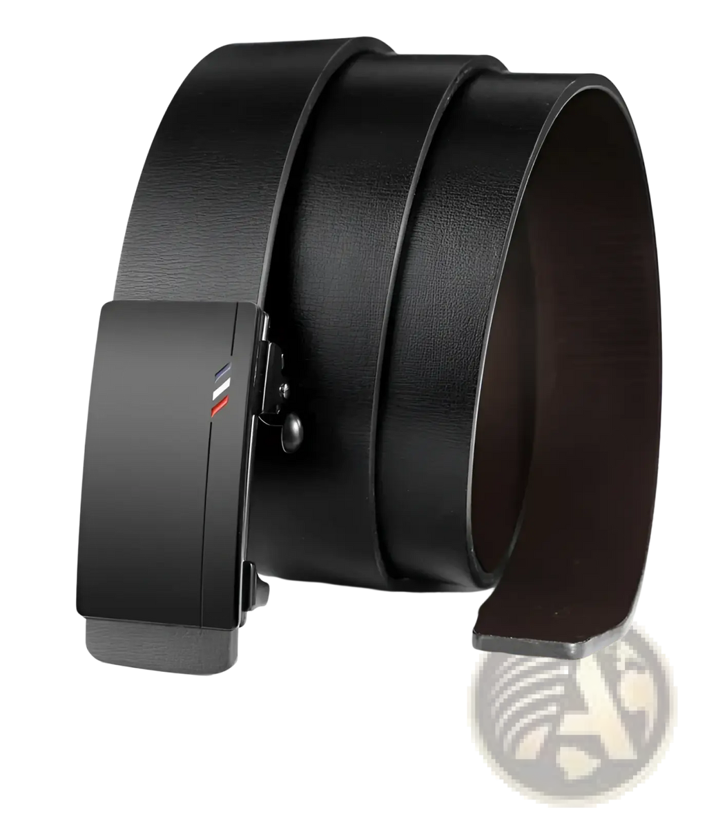 Men leather designer belt in black featuring a sleek automatic black buckle with subtle red white and blue stripe detail