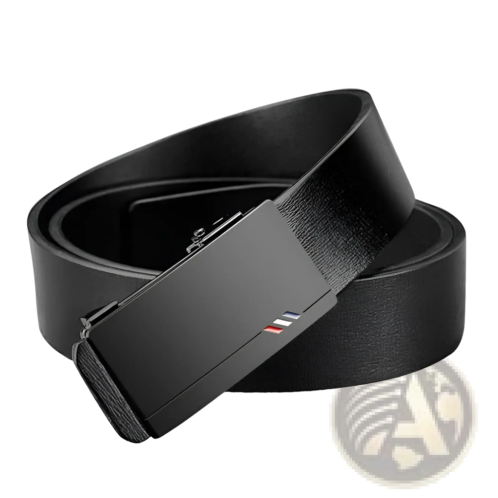 Men leather designer belt in black with a sleek matte metal buckle featuring subtle red white and blue stripe detail