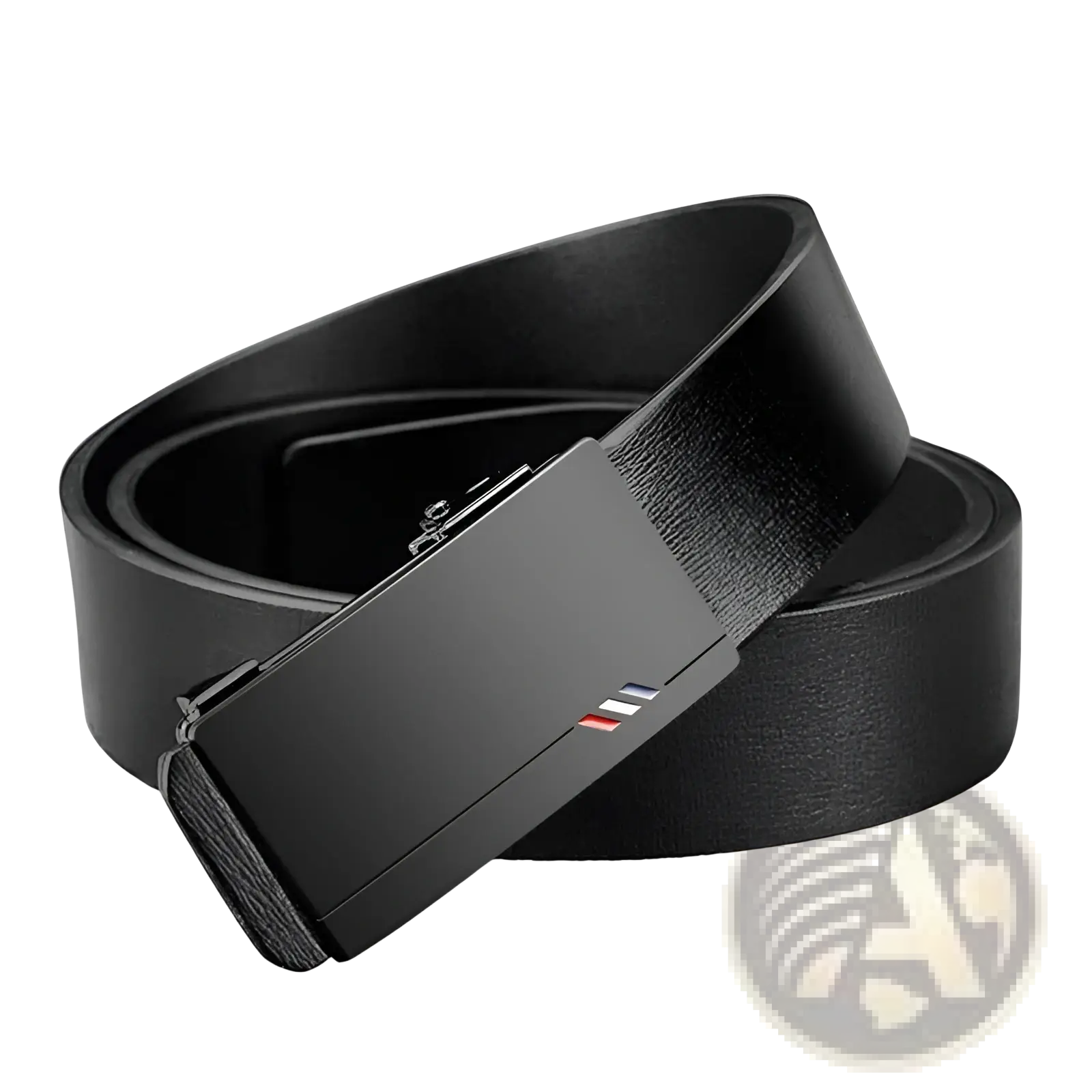 Men leather designer belt in black with a sleek matte metal buckle featuring subtle red white and blue stripe detail