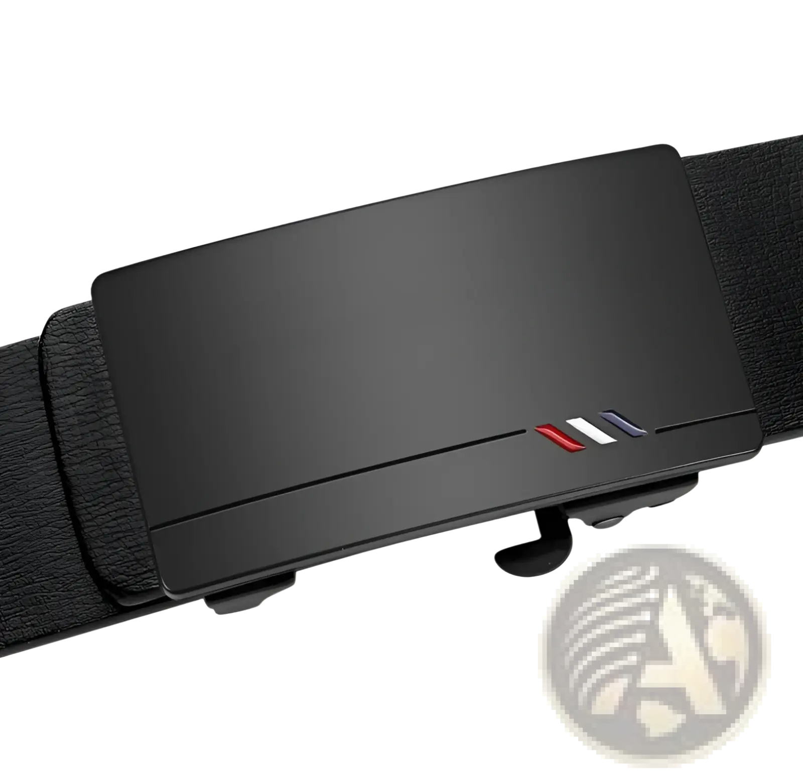 Ceinture en cuir pour homme, modèle designer, avec cuir noir et une boucle métallique à finition mate, élégante, agrémentée de bandes d’accent rouge, blanc et bleu.