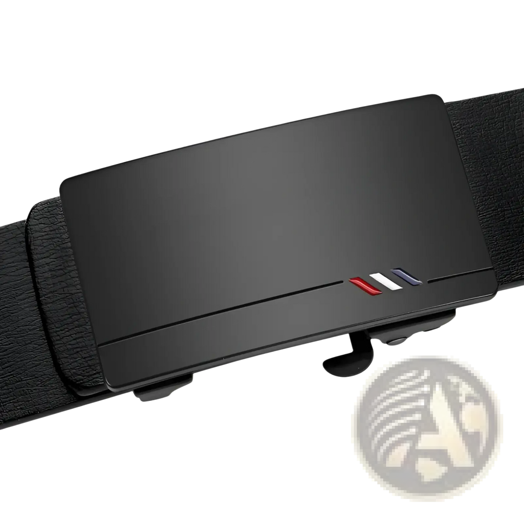 Men leather designer belt in black with a sleek matte metal buckle featuring red white and blue striped accents