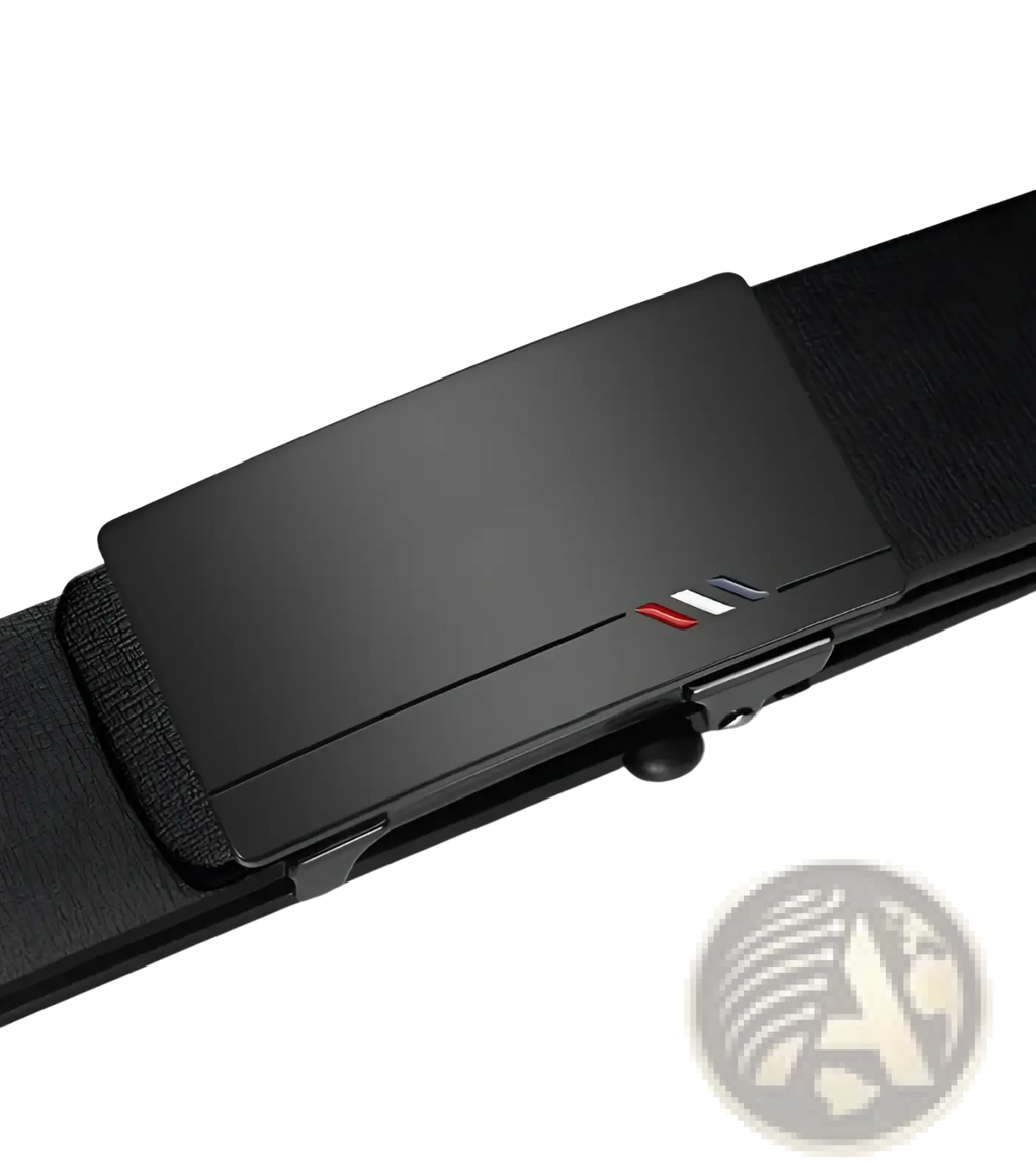 Men leather designer belt in black with a sleek matte finish metal buckle featuring red and white stripes