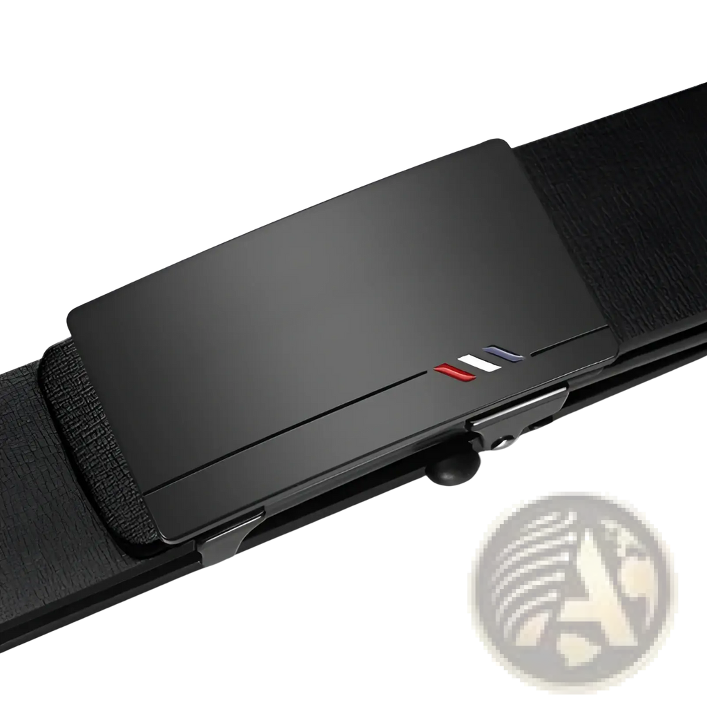 Men leather designer belt in black with a matte finish metal buckle featuring red and blue stripe accents