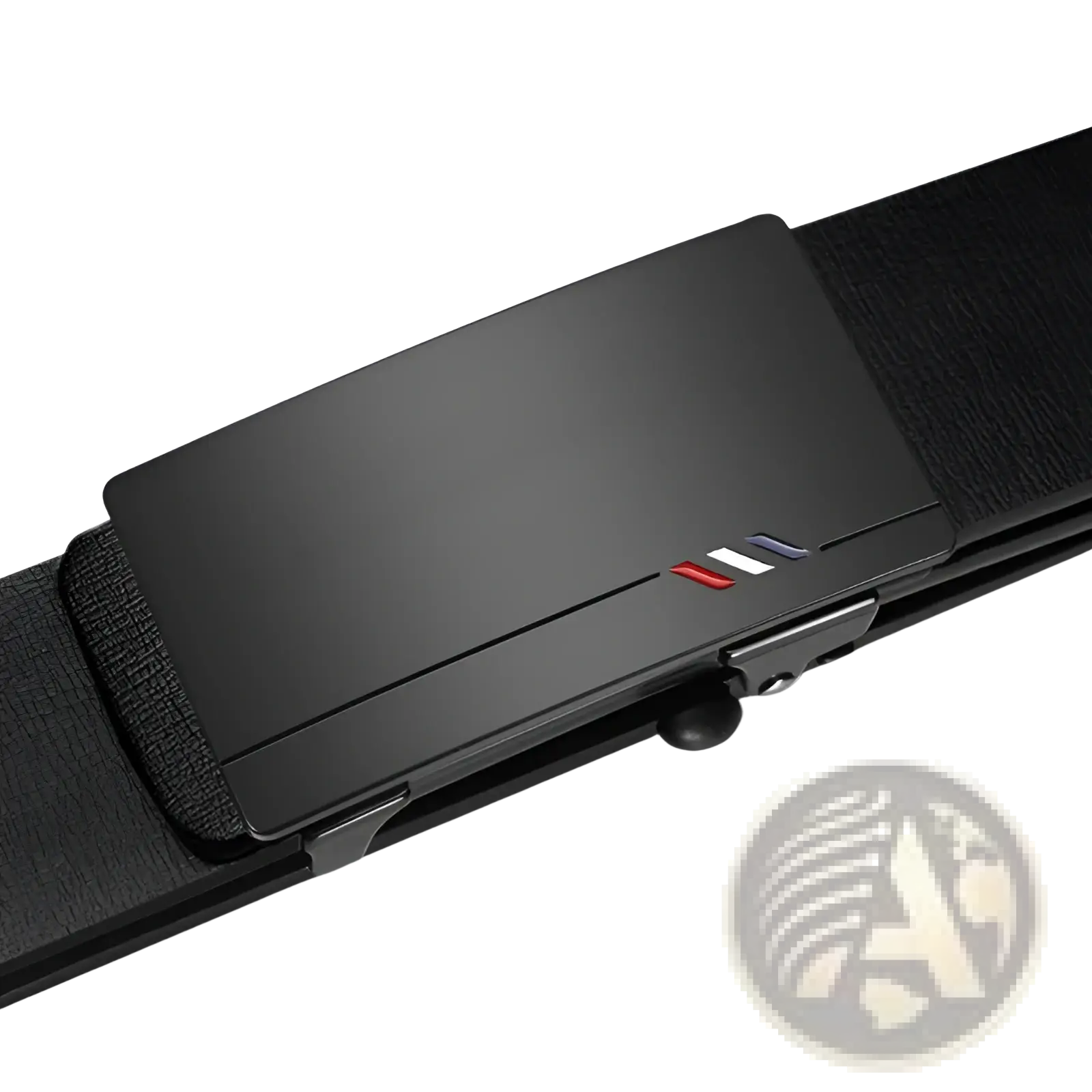 Men leather designer belt in black with a matte finish metal buckle featuring red and blue stripe accents