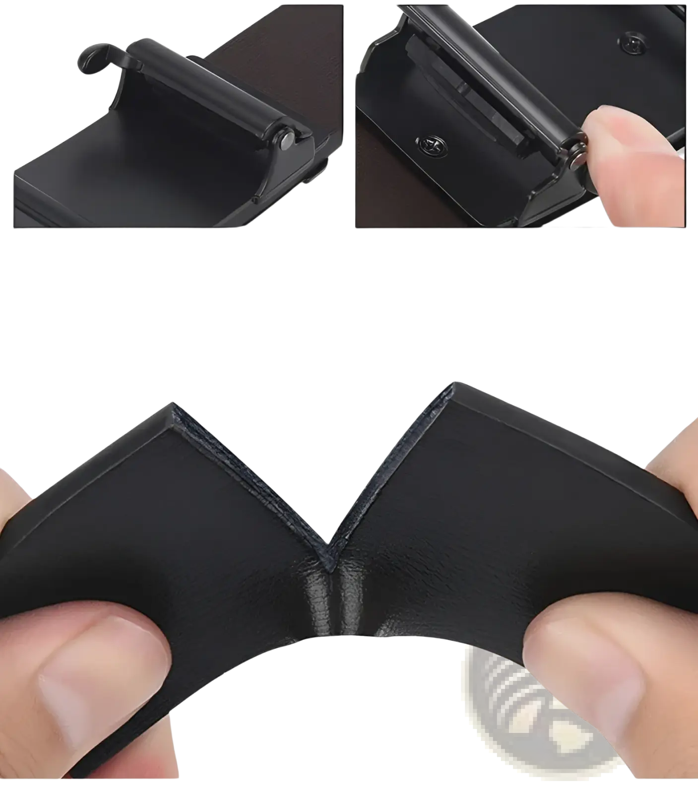 Portefeuille en cuir noir au design minimaliste et épuré, avec fermeture pression sécurisée, assorti à une ceinture en cuir pour homme, modèle designer, à boucle à rayures.