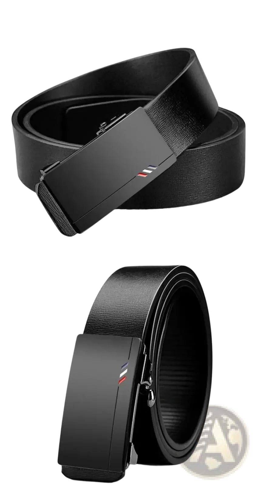 Ceinture en cuir pour homme, modèle designer, noire, avec une boucle rectangulaire élégante présentant un détail discret de bande rouge et blanche.