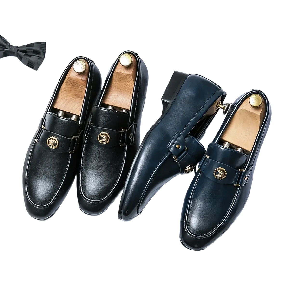 Men leather dress loafers in black with gold-tone hexagonal buckles and wooden insoles