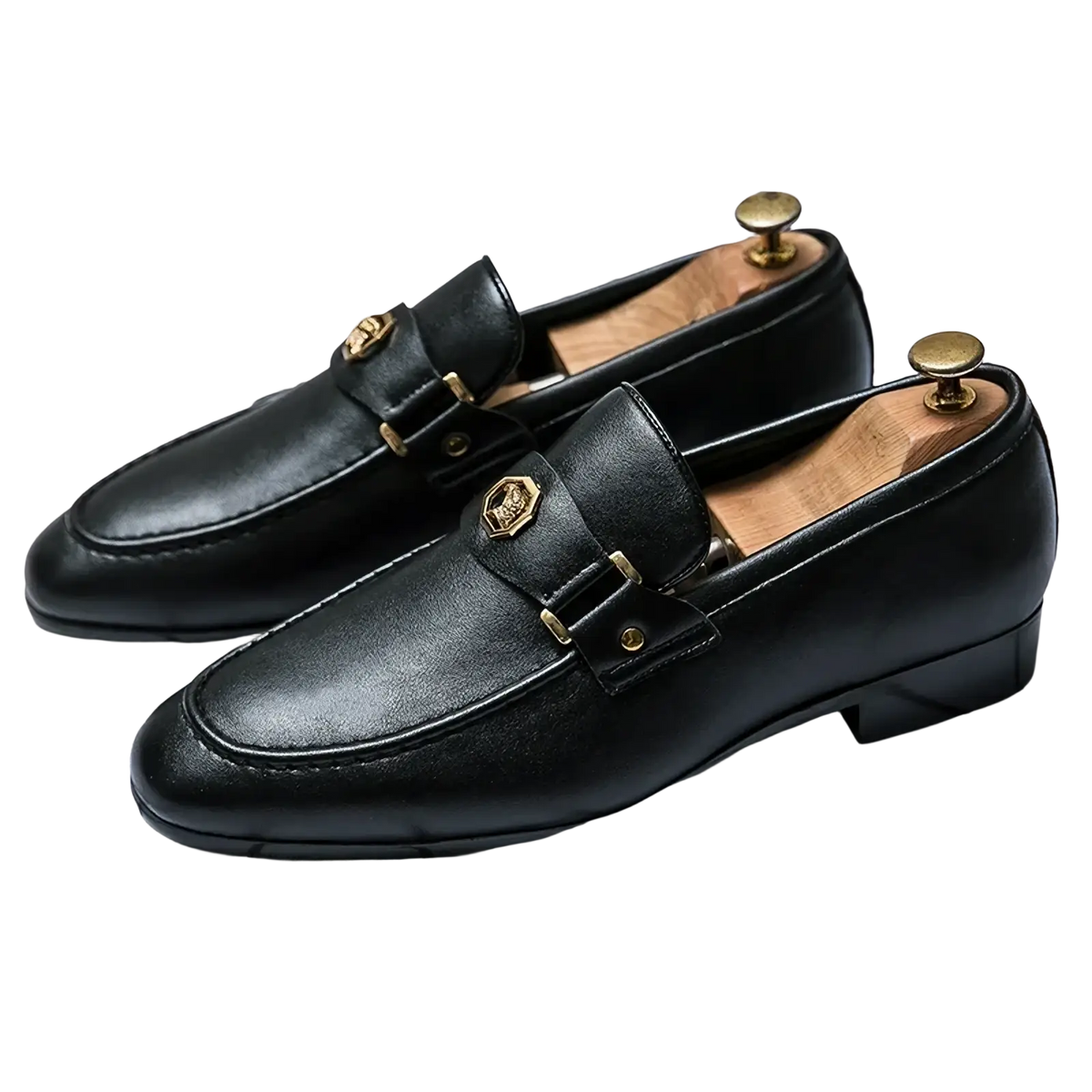 Men leather dress loafers in black with gold buckles and a subtle sheen on smooth leather material