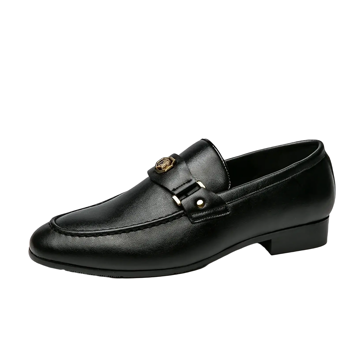 Men leather dress loafers in black with gold buckles and silver-tone metal accents for formal occasions