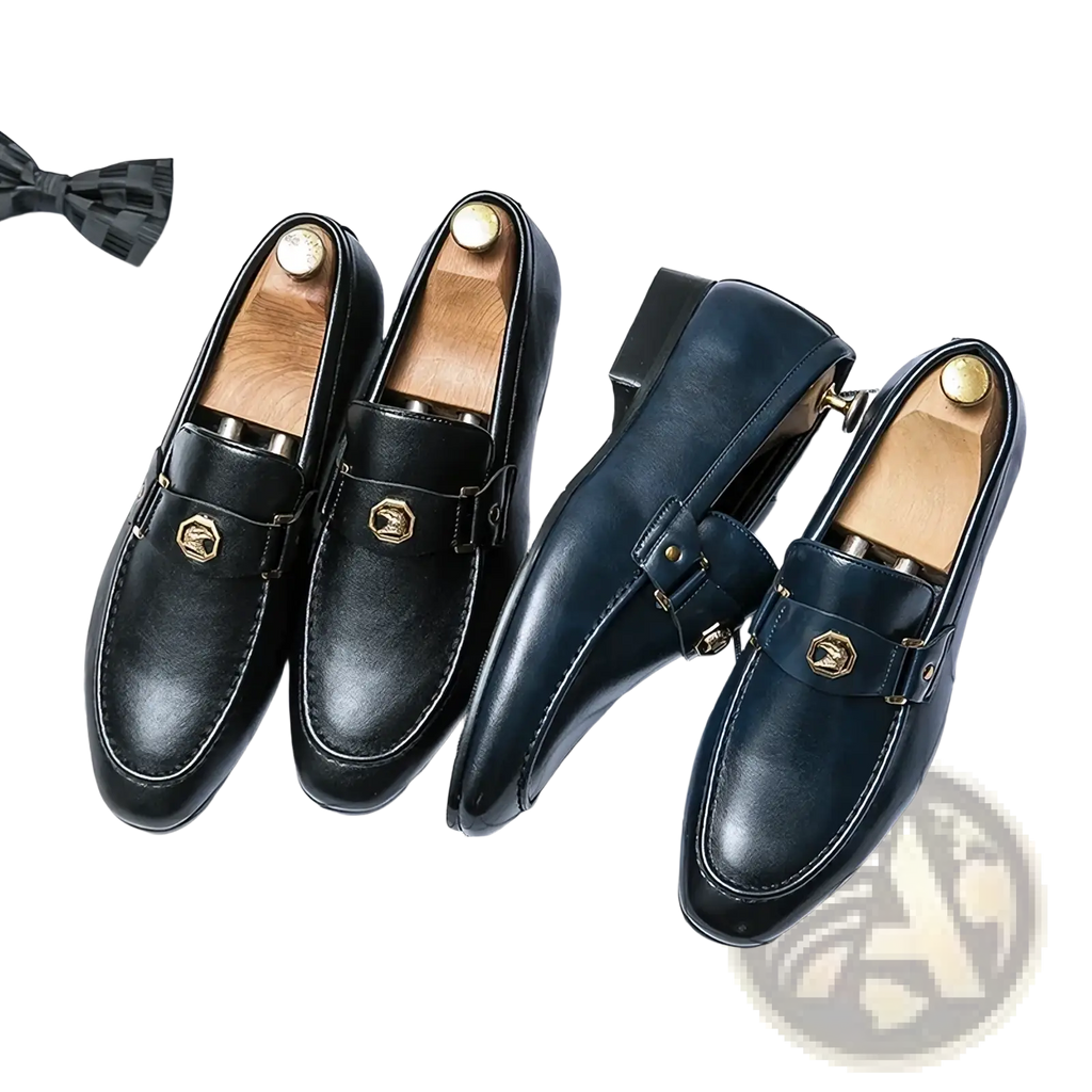 Men leather dress loafers in black with gold-tone hexagonal buckles and wooden insoles
