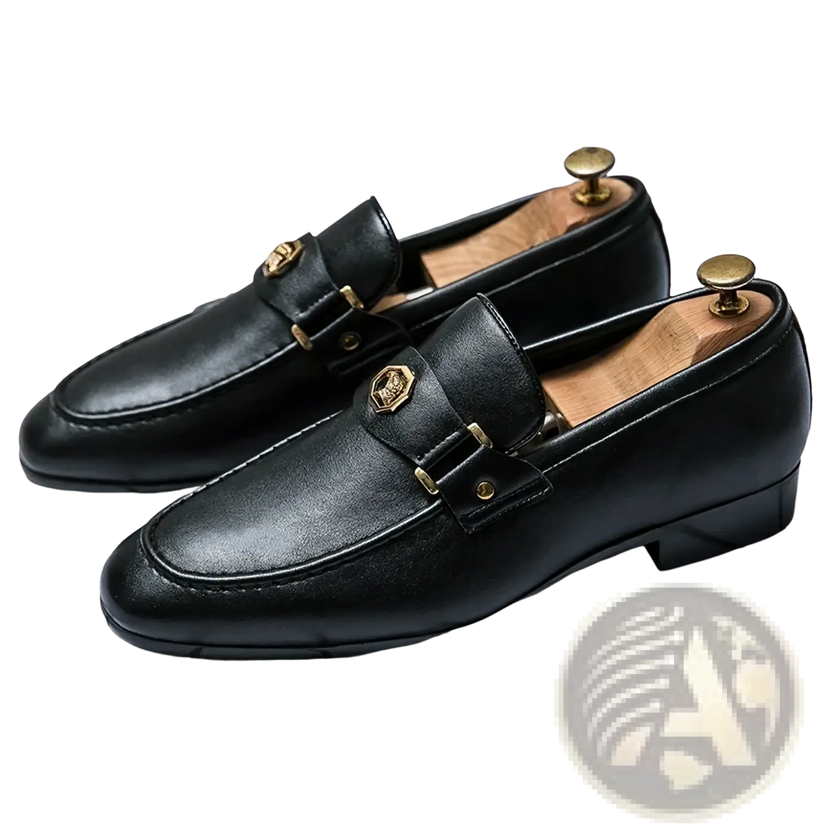 Men leather dress loafers in black with gold buckles and a subtle sheen on smooth leather material
