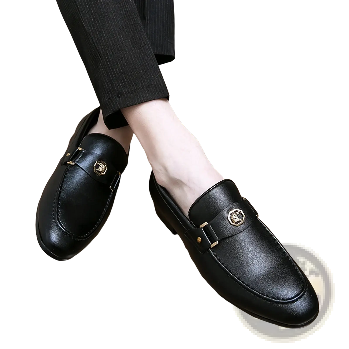 Men leather dress loafers in black with gold-toned metal buckles and subtle embossed logo on front