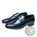 Dark blue leather men dress loafers with gold-toned metal buckles and decorative studs