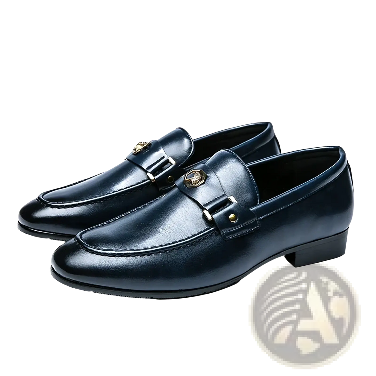 Dark blue leather men dress loafers with gold-toned metal buckles and decorative studs