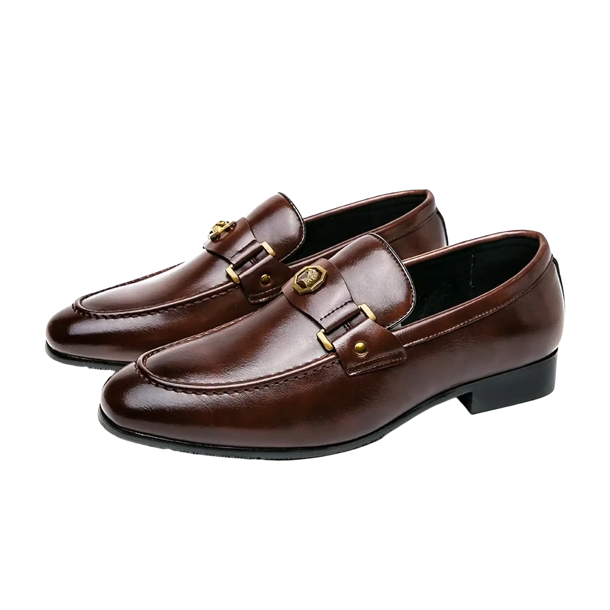 Men leather dress loafers in brown with gold-tone metal buckles and a low heel for formal occasions