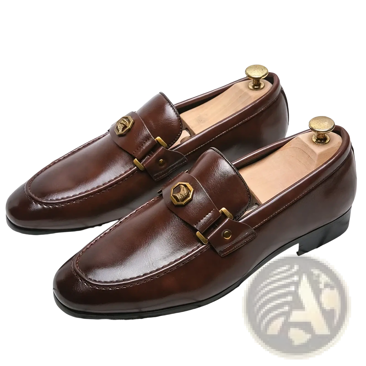 Men leather dress loafers in brown with gold-toned metal buckles and decorative hexagonal studs