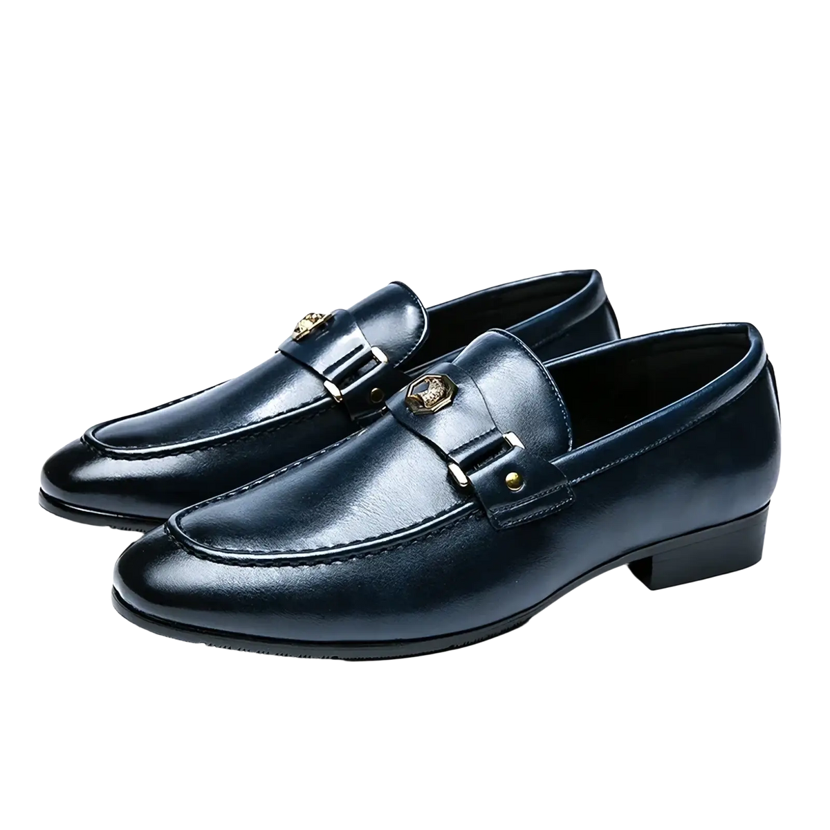 Dark blue leather men dress loafers with gold-toned metal buckles and decorative studs