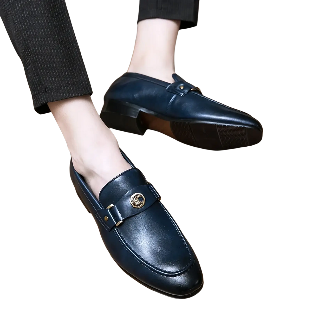 Men leather dress loafers in deep navy with gold-toned hexagonal buckle and stitched detailing