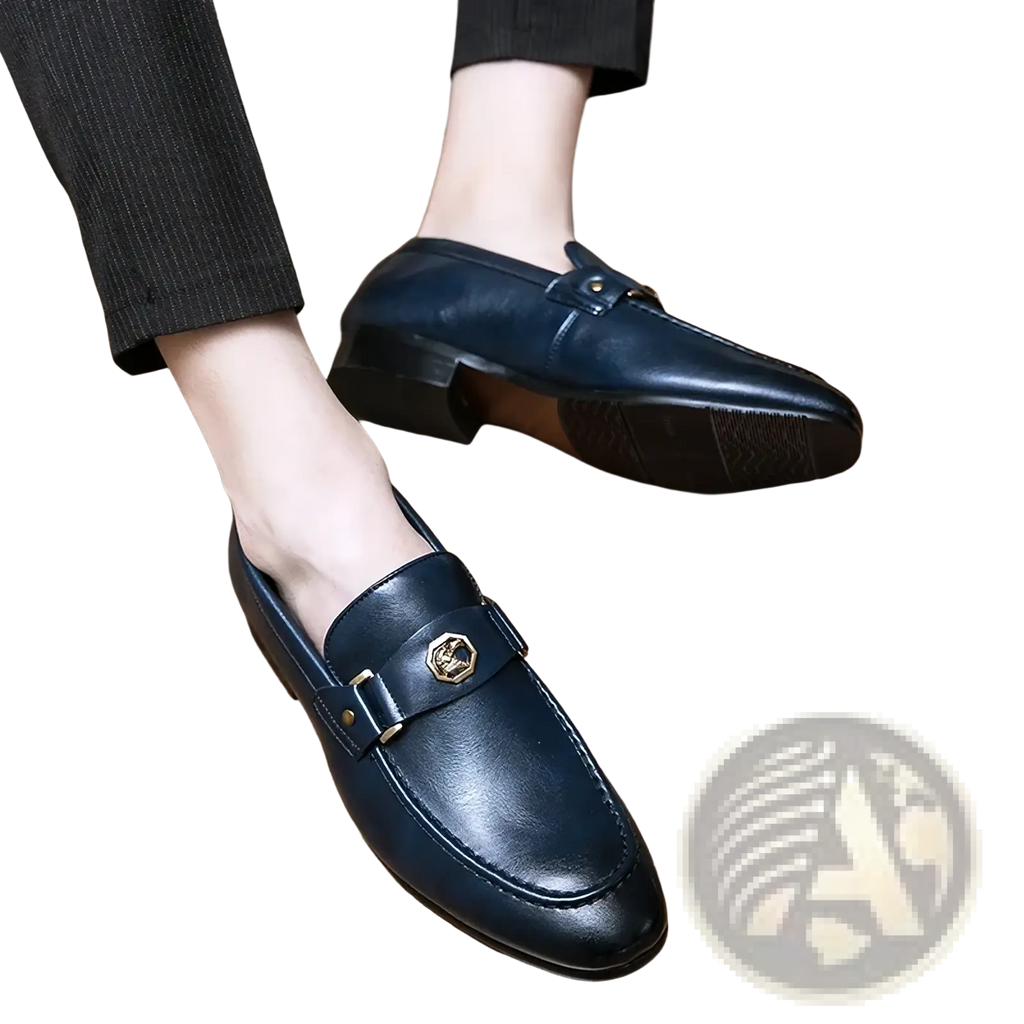 Men leather dress loafers in deep navy with gold-toned hexagonal buckle and stitched detailing