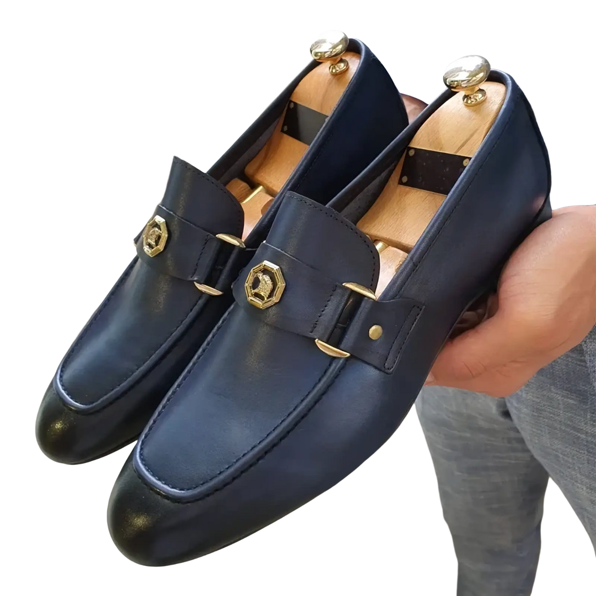 Navy blue leather men dress loafers with gold-tone hexagonal buckles and decorative metal accents