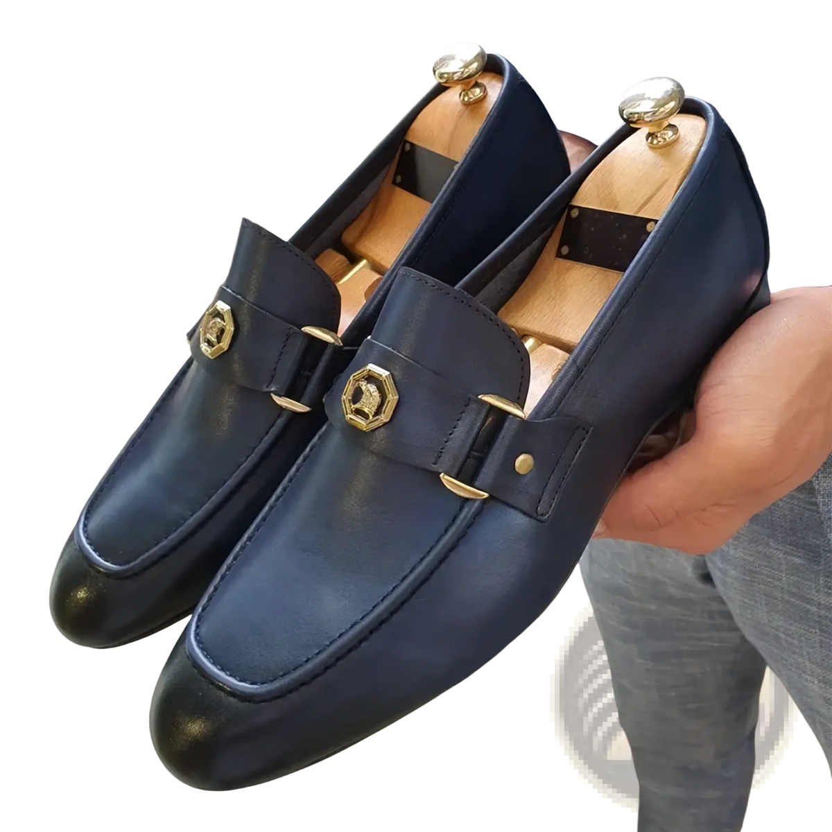 Navy blue leather men dress loafers with gold-tone hexagonal buckles and decorative metal accents