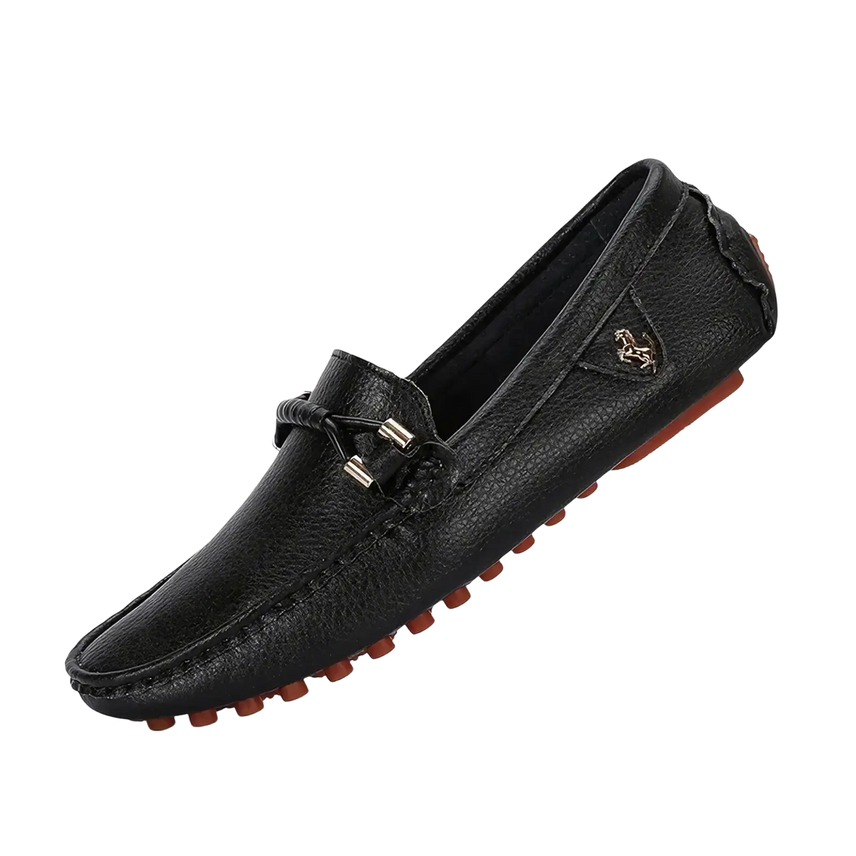 Men leather dress loafers slip on casual shoes in black with textured leather, braided strap, and metallic hardware accents